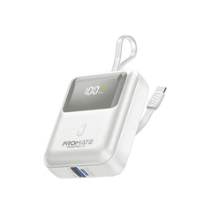 Promate-10000mAh Ultra Compact 35W SuperSpeed™ Power Bank with Built-In USB-C Cable ,White