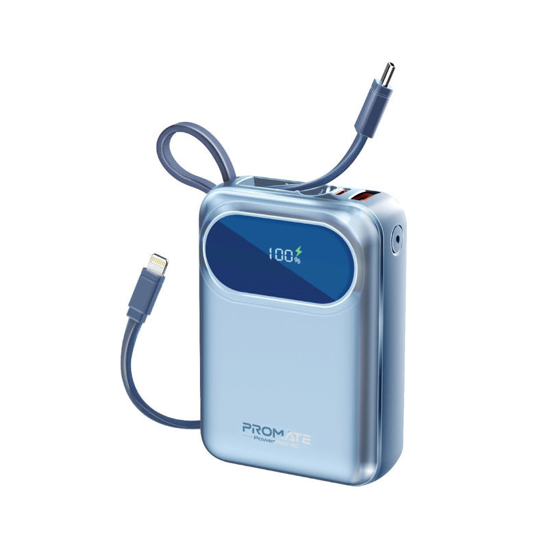 Promate-20000mAh Ultra Compact 35W SuperSpeed™ Power Bank with Built-In USB-C & Lightning Cable,Blue