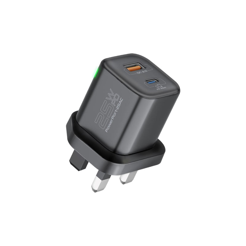 Promate - Ultra-Fast Dual Port AC Charger with 25W Power Delivery and QC 3.0,BLACK