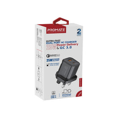 Promate - Ultra-Fast Dual Port AC Charger with 25W Power Delivery and QC 3.0,BLACK