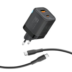 Promate - 25W Power Delivery Dual Port Adapter Combo with 60W USB-C Cable ,BLACK