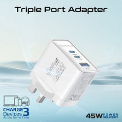 Promate 45W Power Delivery GaNFast Charger with Quick Charge 3.0