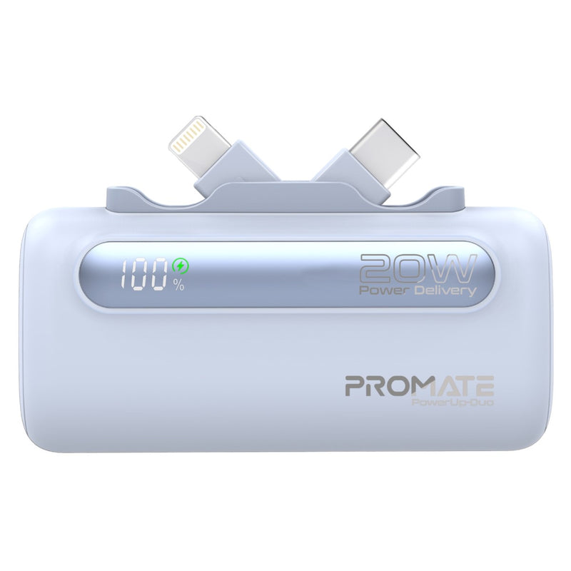 Promate 5000mAh Ultra-Compact fast charging Power Bank with Dual Folding USB-C & Lightning Connector,Blue