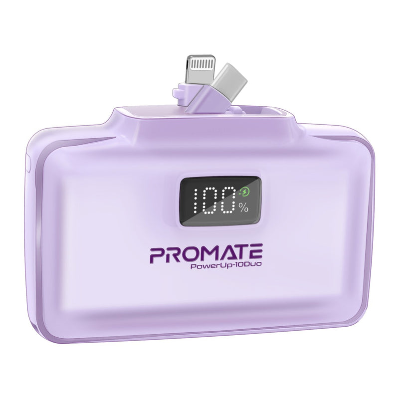 Promate Ultra-Compact Fast Charging Power Bank with Dual folding USB-C and Lightning Connectors,Black