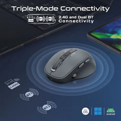 Promate Silent-Click 1600DPI Triple-Mode Rechargeable Mouse w/ Multi-Device Connectivity,800/1200/1600Dpi,Black