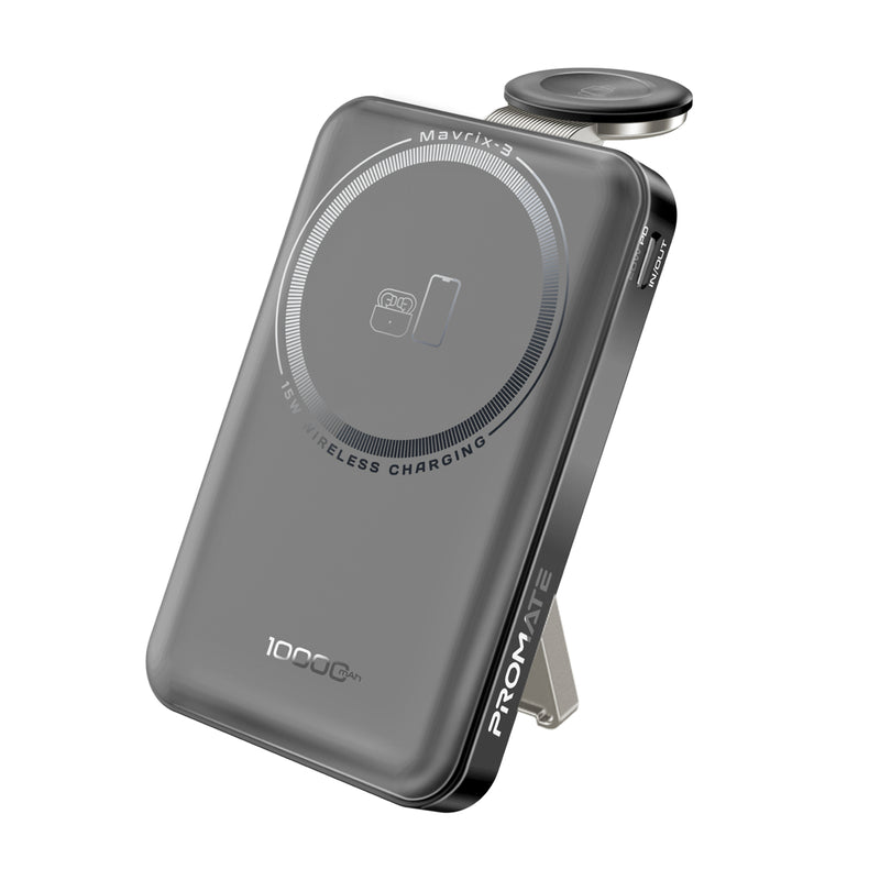 Promate 10000mAh Ultra-Compact 3 in 1 MagSafe Compatible Wireless Charging Power Bank • 15W MagSafe Compatible Charger,Black
