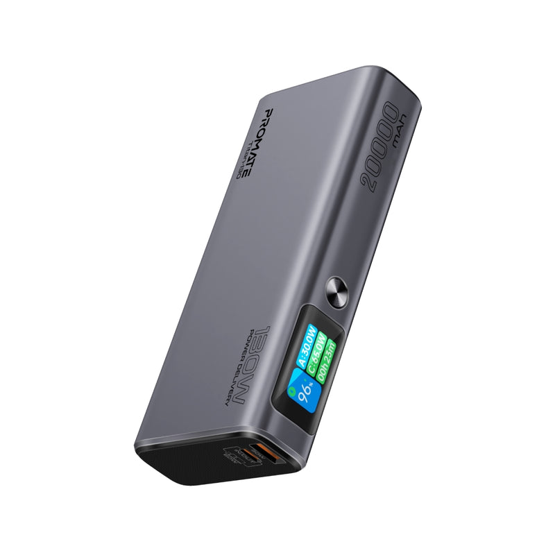 Promate 20000mAh 130W Sleek Aluminum Crafted Power Delivery Power Bank w/ TFT LCD Screen,BLACK