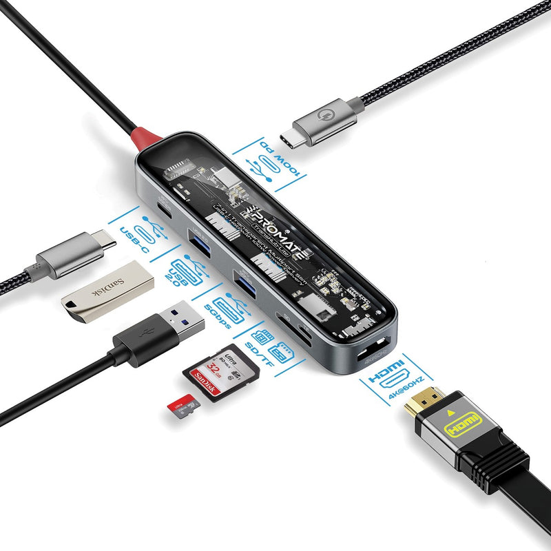 Promate 7-in 1 Transparent Multiport Slim USB-C Hub with 100W Power Delivery,Trans