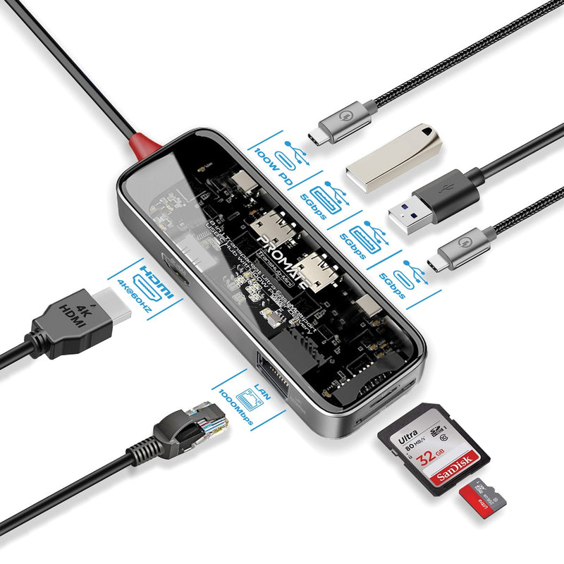 Promate 8-in 1 Transparent Ultra-Fast Multiport USB-C Hub with 100W Power Delivery,Trans