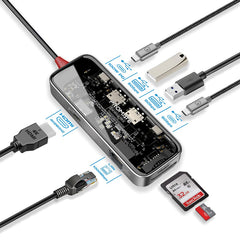 Promate 8-in 1 Transparent Ultra-Fast Multiport USB-C Hub with 100W Power Delivery,Trans