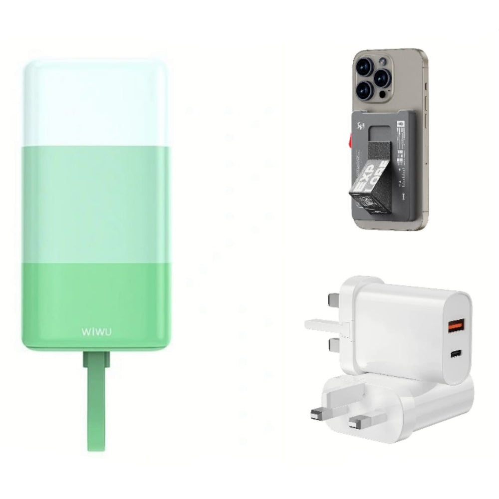 Bundle WIWU Wi-P015 Colorful Serie Power Bank 10000mAh Green +Mag Wallet with Stand+U002 - QUICK FAST CHARGER UK - WHITE