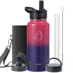 Buzio Trio Series Water Bottle with 3 Lids and Sleeve 1L - Red Blue