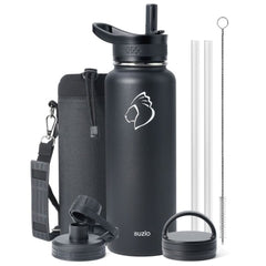 Buzio Trio Series Water Bottle with 3 Lids and Sleeve 1.2L - Black