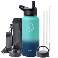 Buzio Trio Series Water Bottle with 3 Lids and Sleeve 1L - Caribbean Blue