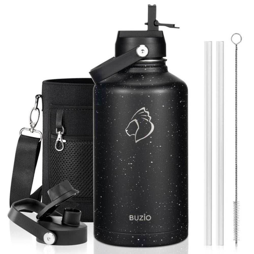 Buzio Duet Series Water Bottle with 2 Lids and Sleeve 1.9L - Starry Black