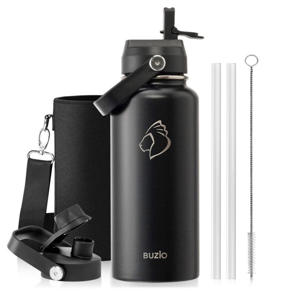 Buzio Duet Series Water Bottle with 2 Lids and Sleeve 1L - Black