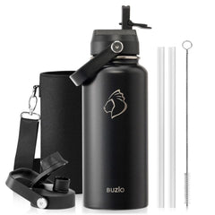 Buzio Duet Series Water Bottle with 2 Lids and Sleeve 1L - Black