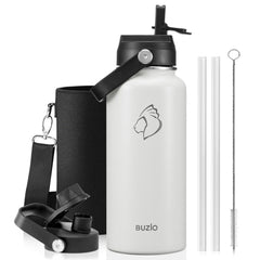 Buzio Duet Series Water Bottle with 2 Lids and Sleeve 1L - White