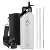 Buzio Duet Series Water Bottle with 2 Lids and Sleeve 1.2L - White