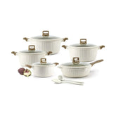 OSFE Granite Cookware Set 12 pcs 20-24-28-32cm casserole with lid 28cm deep fry pan with silicone lid, 2pcs silicone kitchen tools - Ivory