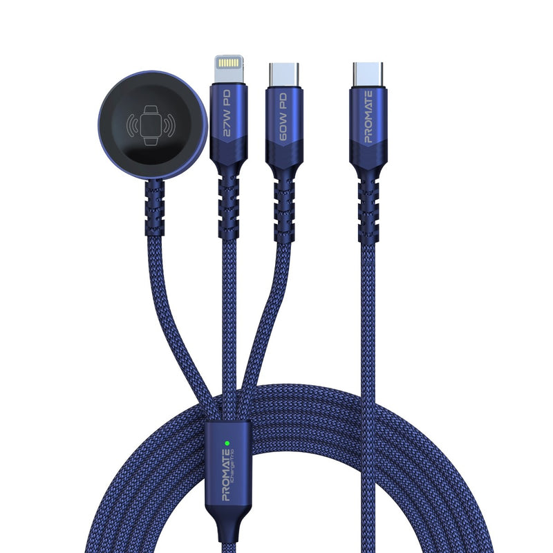 Promate 5-in-1 Multi-Connector Cable for Charging & Data Transfer with Apple Watch Charger,Blue