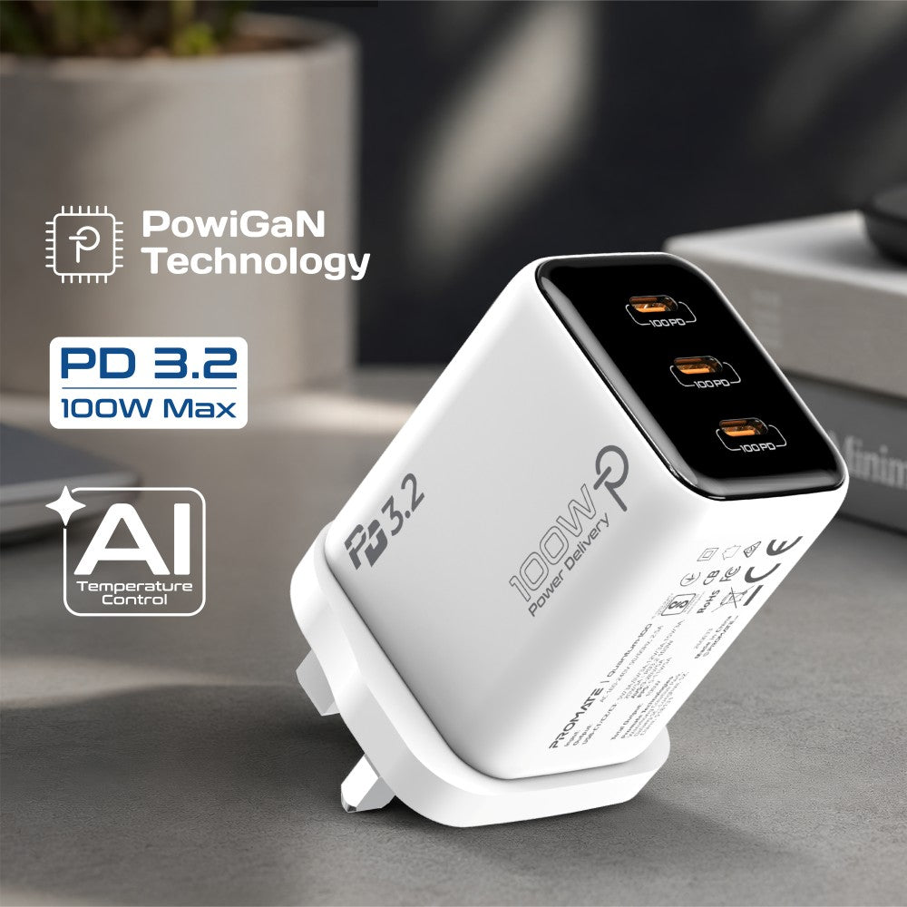 Promate Quantum-100 100W GaN USB-C Charger with 3 USB-C Ports, PD 3.2 Fast Charging, PPS & AVS Support