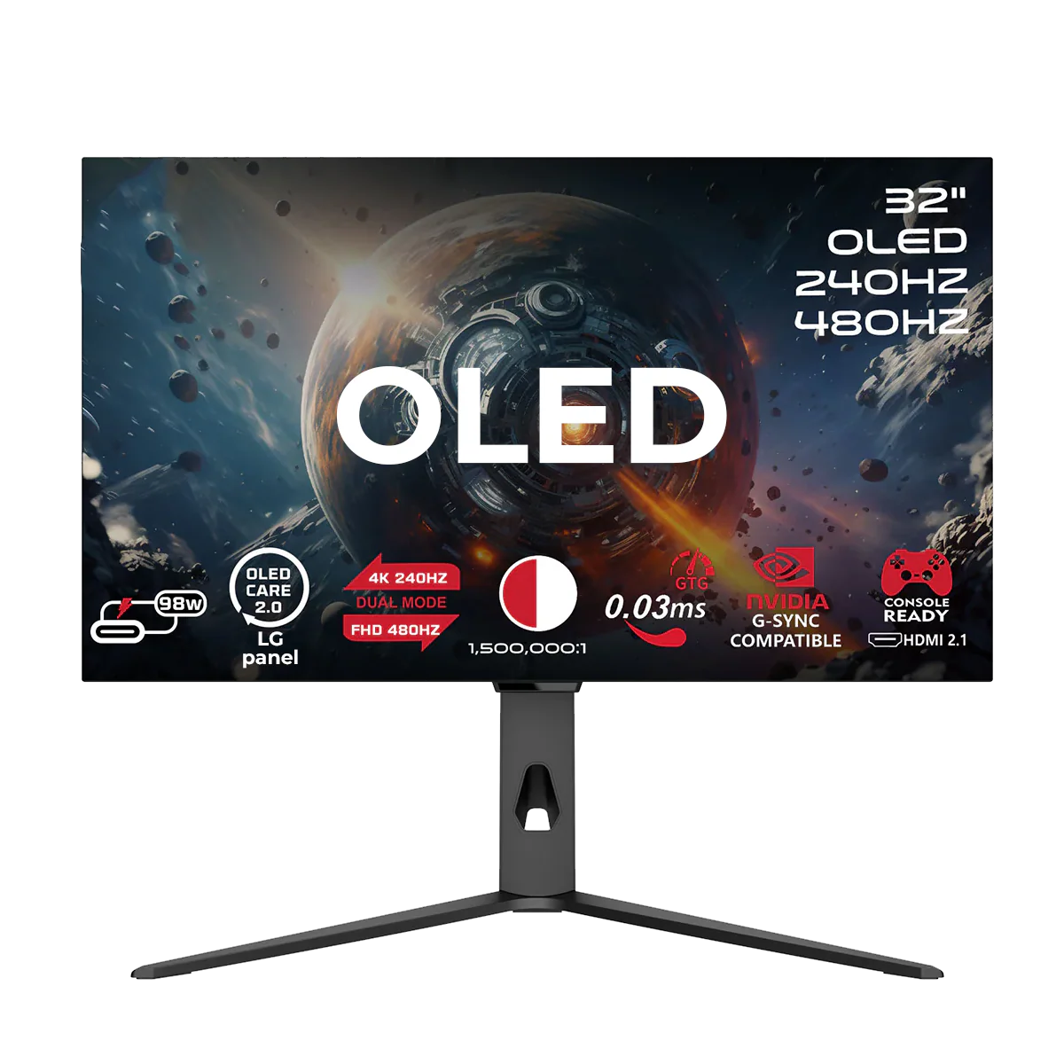 GAMEON 32" OLED 4K Monitor – 240Hz, 0.3ms, 1.5M:1 Contrast, 98.5% DCI-P3, Built-in Speakers
