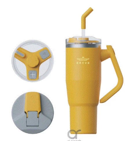 Brave Temp Guard Vacuum Insulated Travel Mug – 180° Rotating Handle, 24H Cold & 12H Hot Retention, Leak-Proof Lids, 1200ml - Yellow