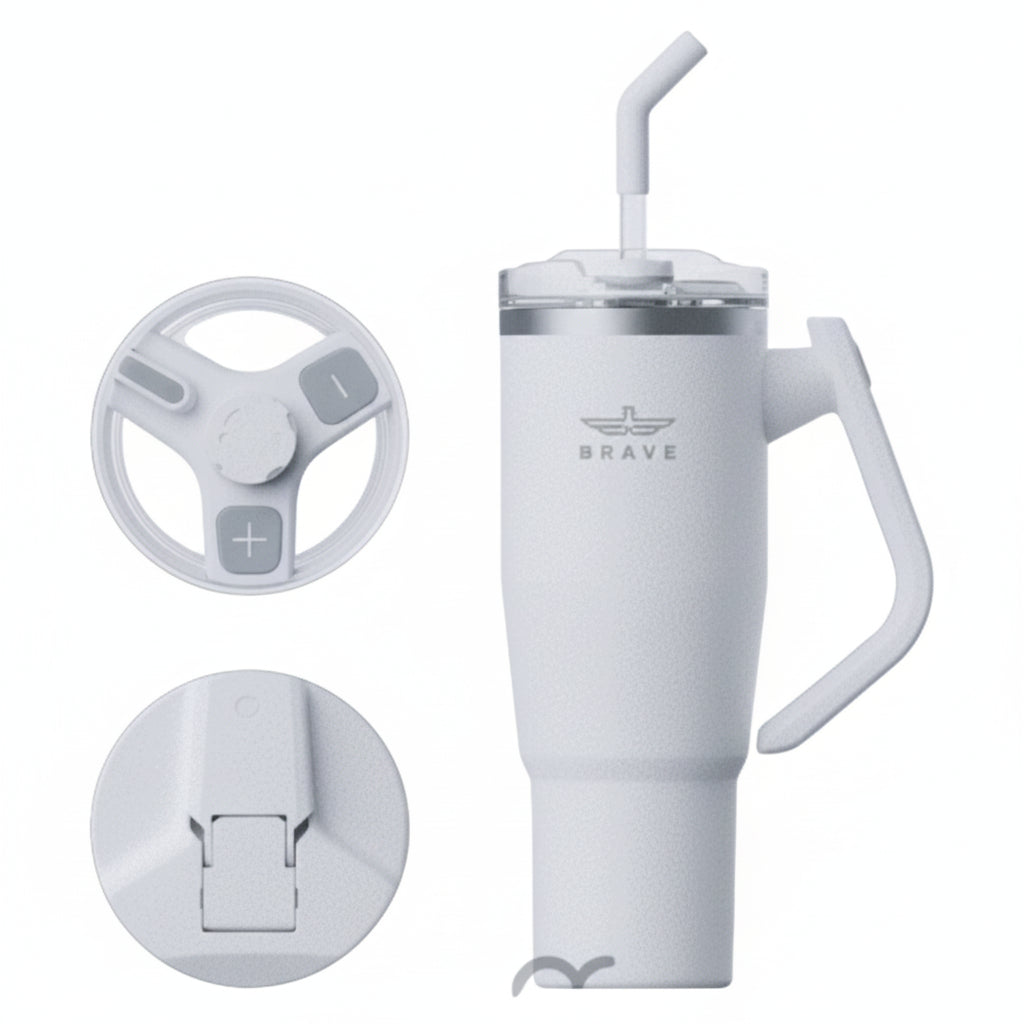 Brave Temp Guard Vacuum Insulated Travel Mug – 180° Rotating Handle, 24H Cold & 12H Hot Retention, Leak-Proof Lids, 1200ml - White