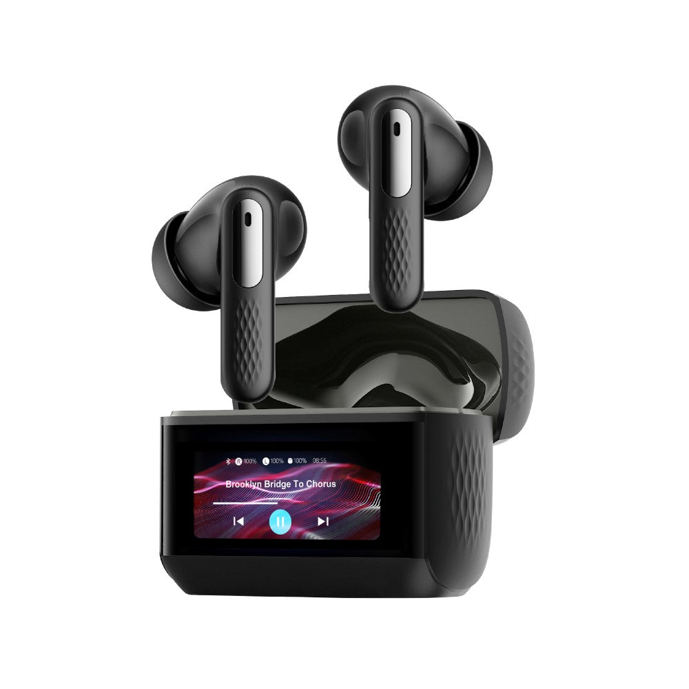 Promate Arix ANC True Wireless Earbuds with Smart Touch Display, 1.47" TFT IPS Screen, Quad-Mic ENC,Black