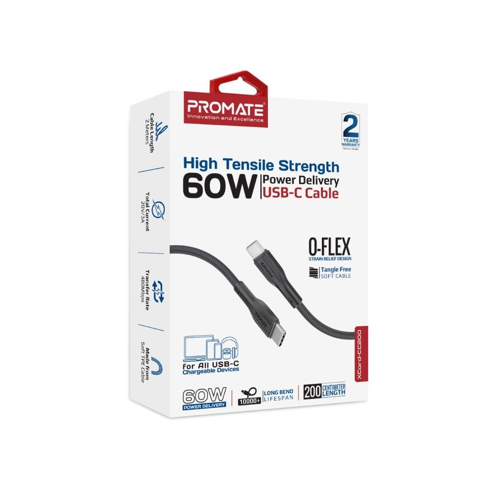 Promate Super-Flexible 60W USB-C to USB-C Cable, 2A Standard Charging,BLACK