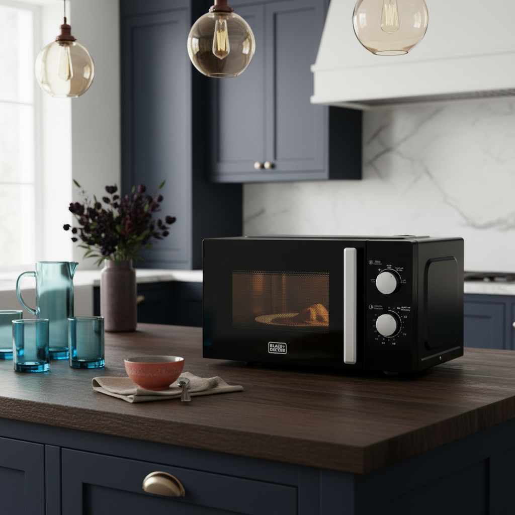 Black & Decker Microwave Oven, 20L, 700W, 5 Power Levels, Defrost Function, 35-Min Timer, 255mm Glass Turntable for Even Cooking, Easy-Clean Cavity, Stylish Chrome Knobs – Black  - MZ2005P-B5