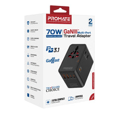 Promate TripMate-GaN70Pro 70W Universal Travel Adapter with GaN Fast Charging, 3 USB-C Ports, 2 USB-A Ports