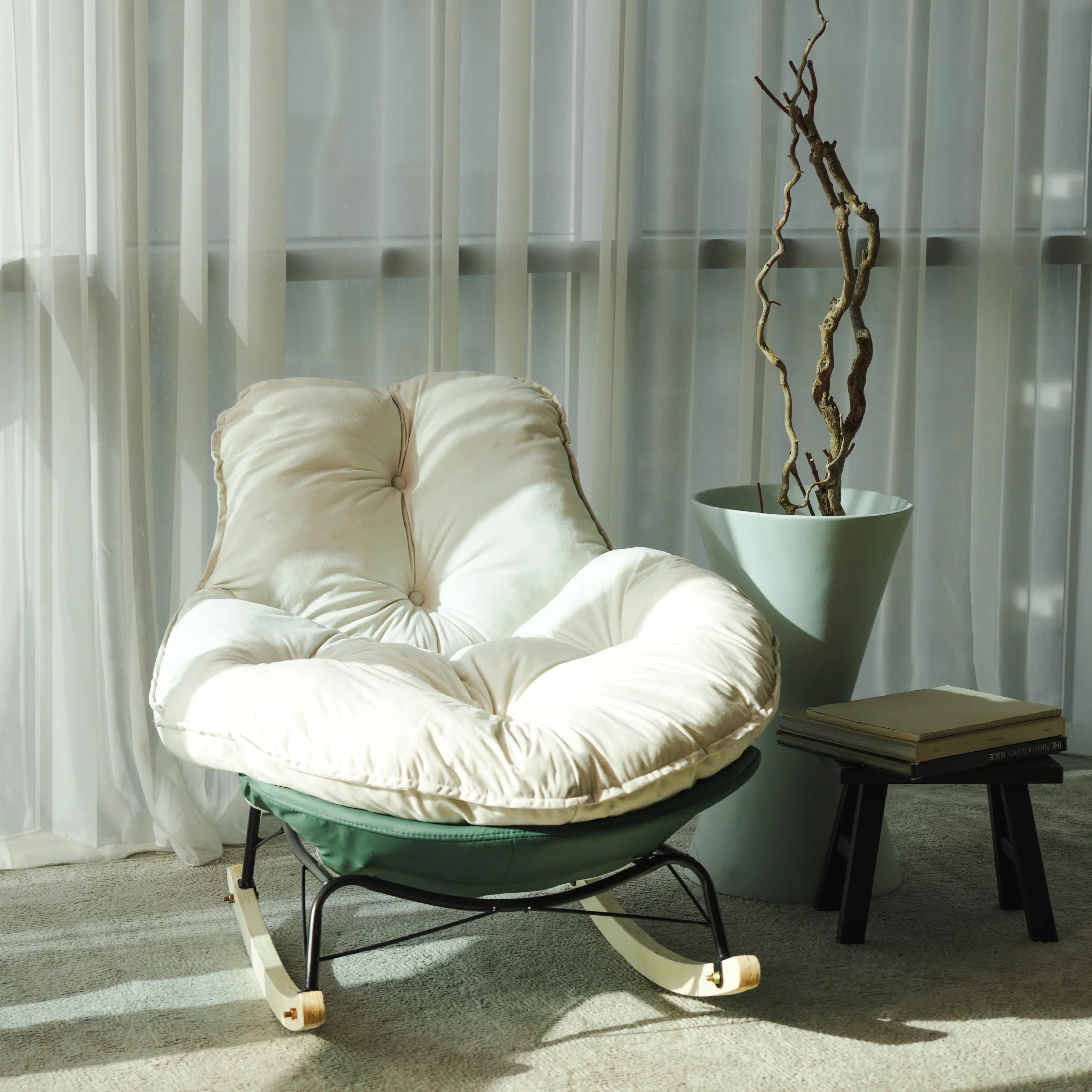 SOMA Nest Rocker Chair – Ergonomic Cozy Rocking Design – Premium Fabric – Beige/Green