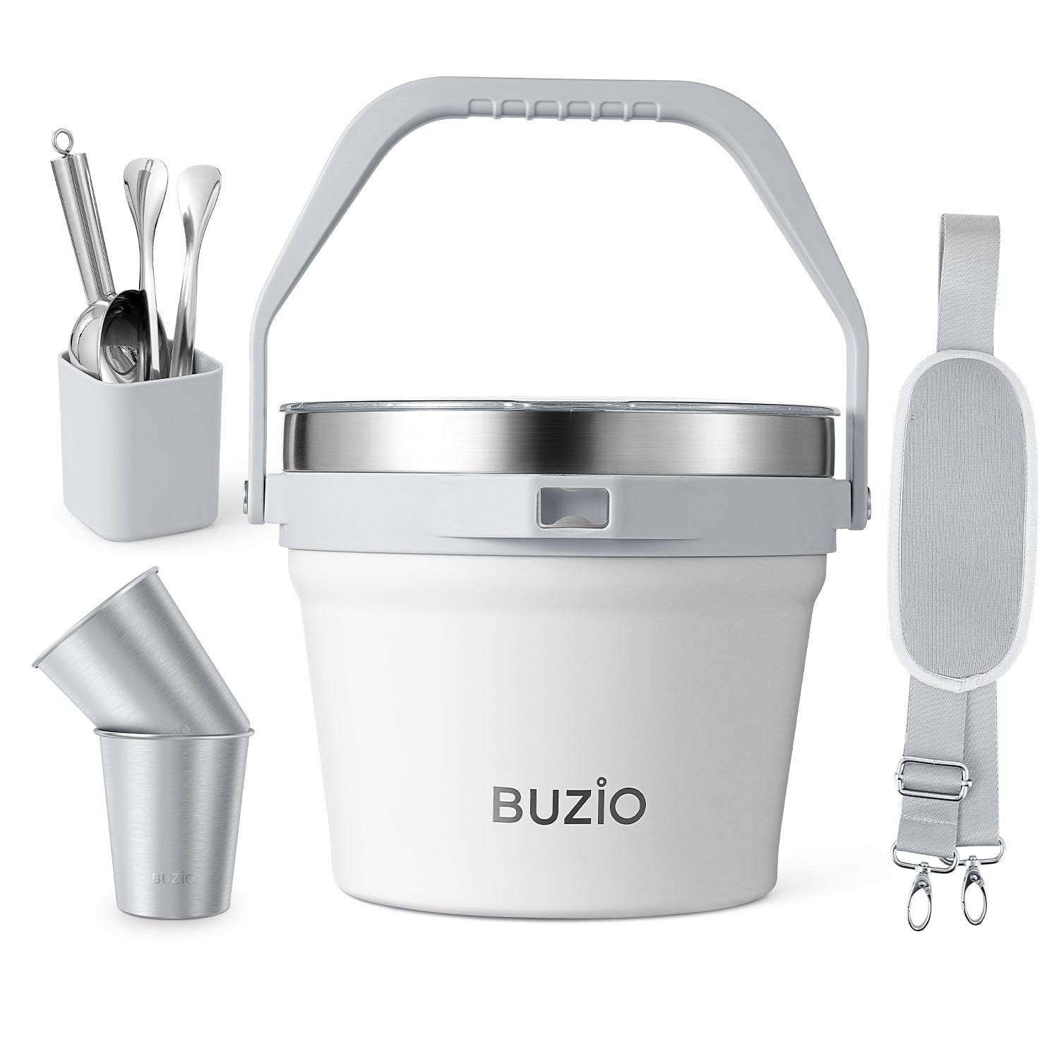 Buzio Insulated Ice Bucket 7L with Lid Scoop Tongs and 2 Cups - White
