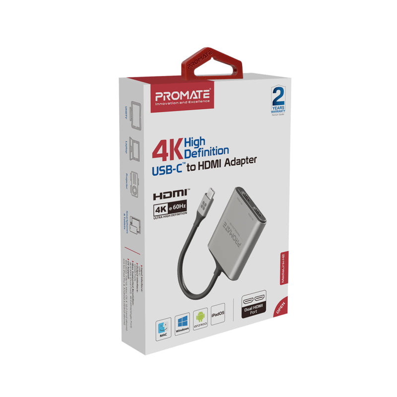 Promate - MediaLink-H2,4K High Definition USB-C to Dual HDMI Adapter,Silver