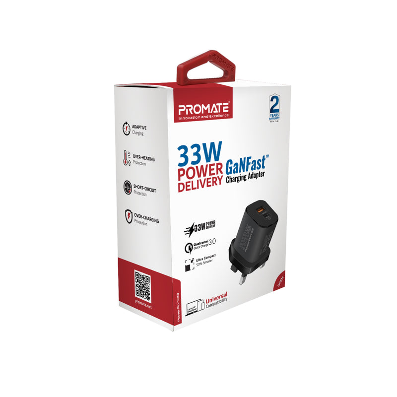 Promate -PowerPort-33W Power Delivery GaNFast™ Charging Adapter,BLACK
