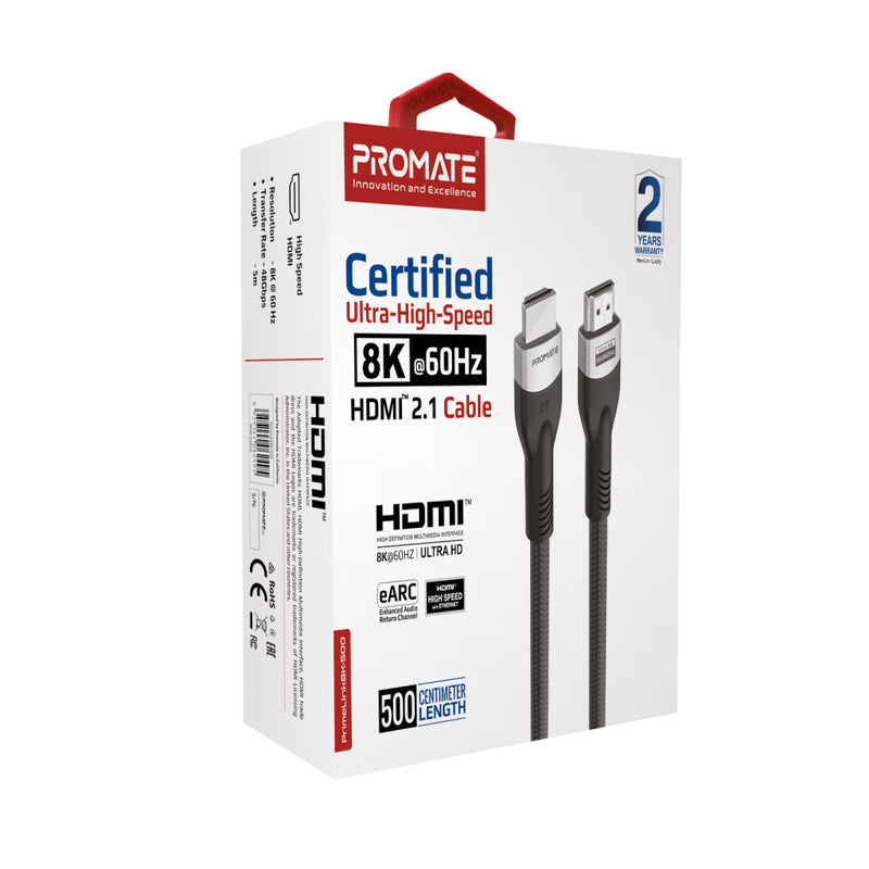 Promate Certified Ultra-High-Speed 8K@60Hz HDMI™ 2.1 Cable ,Dynamic HDR,Gray