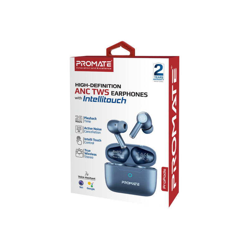 Promate High-Definition ANC TWS Earphones with intellitouch,Blue