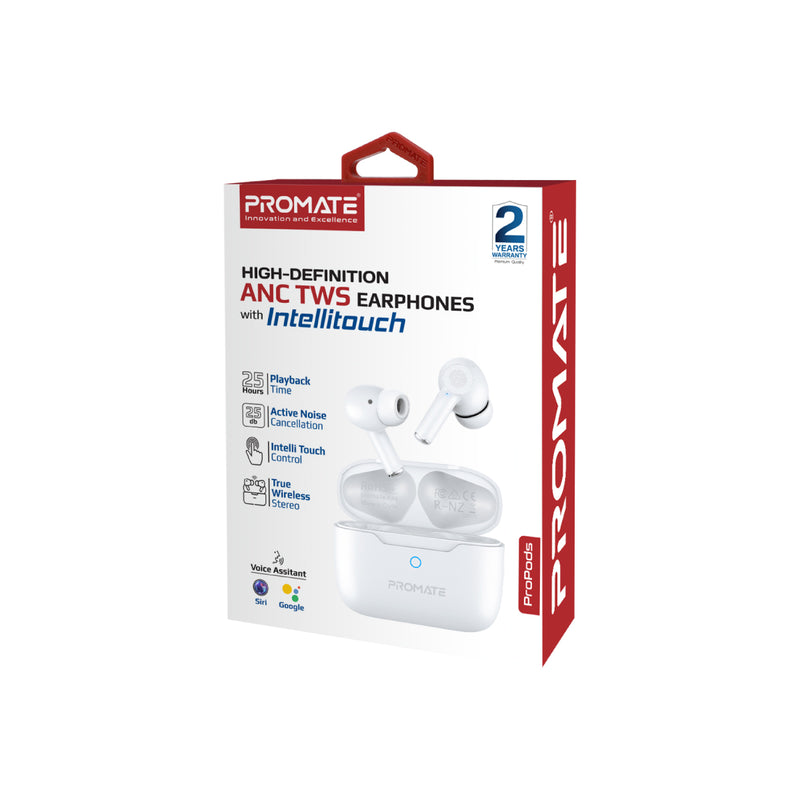 Promate High-Definition ANC TWS Earphones with intellitouch,White