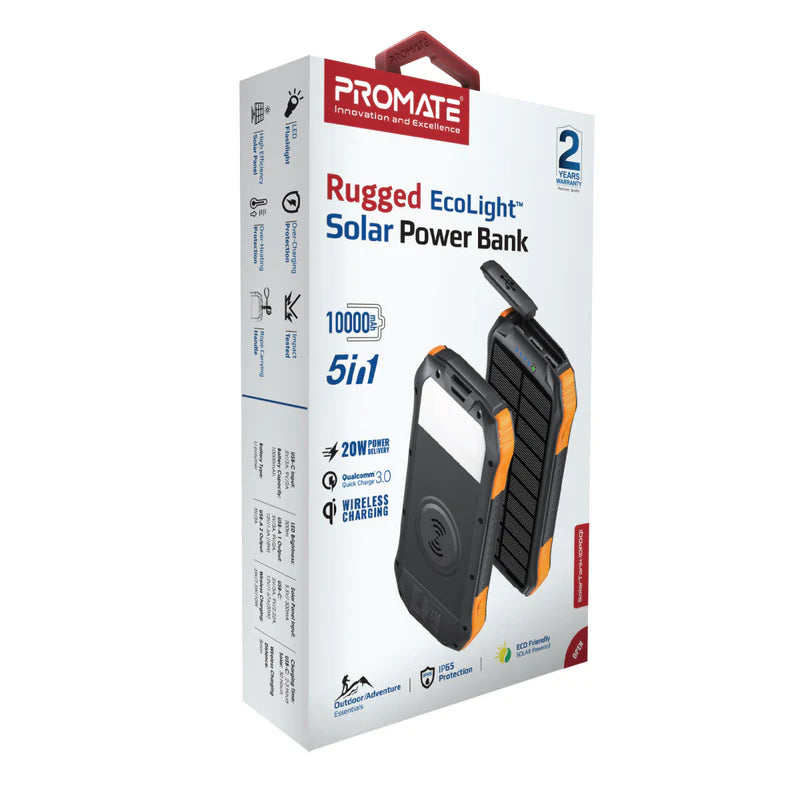 Promate 10000mAh Rugged EcoLight™ Solar Power Bank