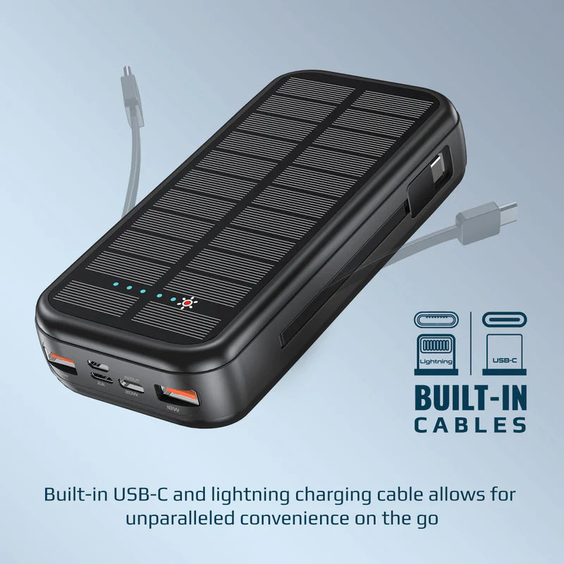 Promate 20000mAh EcoLight™ Solar Power Bank with Built-in USB-C & Lightning Cables
