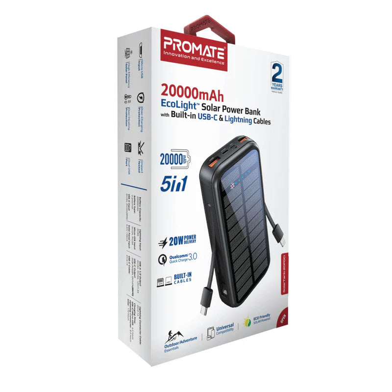 Promate 20000mAh EcoLight™ Solar Power Bank with Built-in USB-C & Lightning Cables