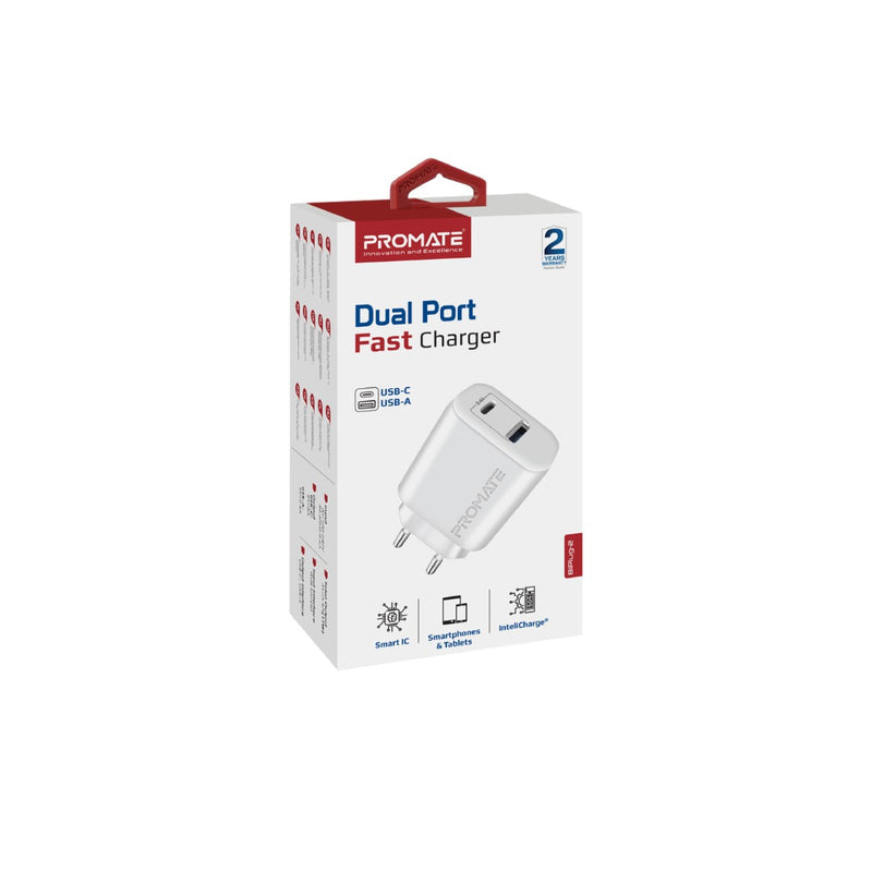 Promate - BiPlug-2, 17W High-Speed Dual Port Charger,White