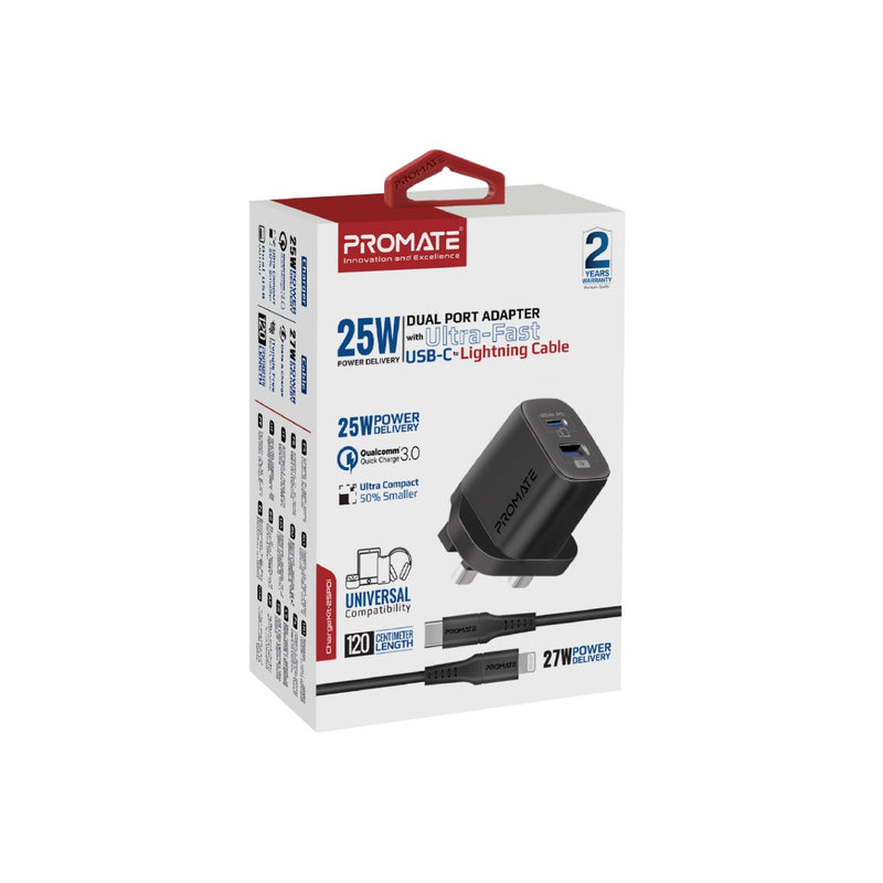 Promate - 25W PD Dual Port Adapter with Ultra-Fast USB-C to Lightning Cable ,BLACK