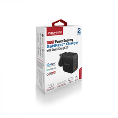 Promate - 100W Power Delivery GaNFast™ Charger with Quick Charge 3.0 ,BLACK
