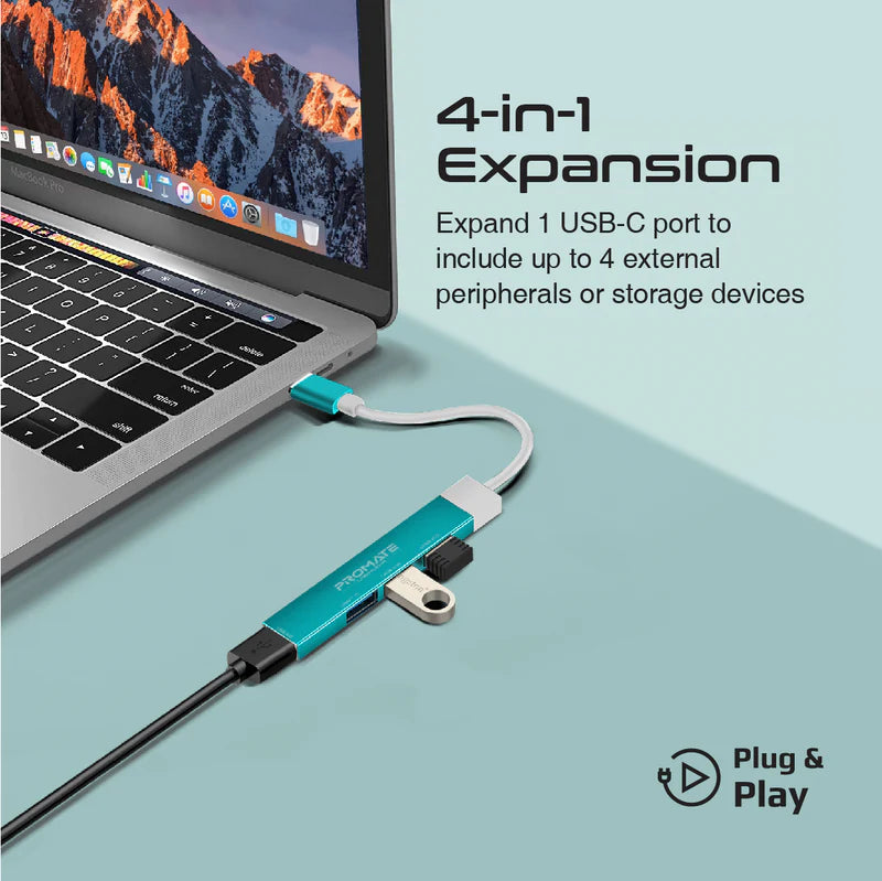 Promate - LiteHub-4 4-in-1 Multi-Port USB-C Data Hub,Blue