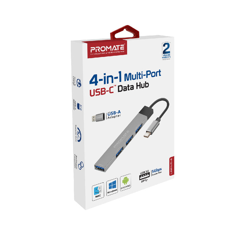 Promate - LiteHub-4,4-in-1 Multi-Port USB-C Data Hub,Grey
