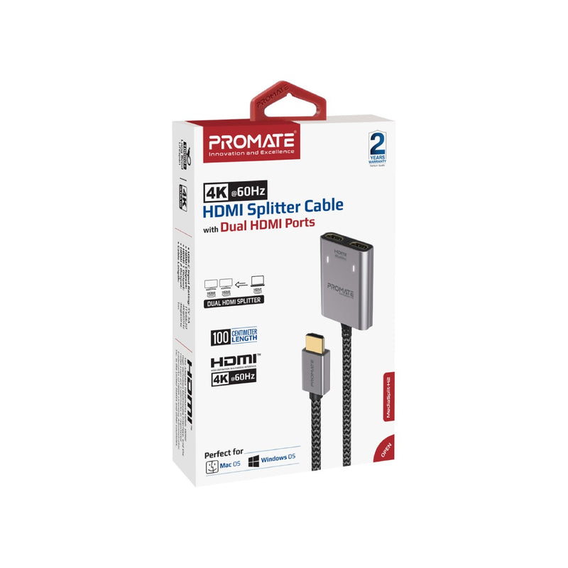 Promate 4K@60Hz HDMI® Splitter Cable with Dual HDMI® Ports,Silver