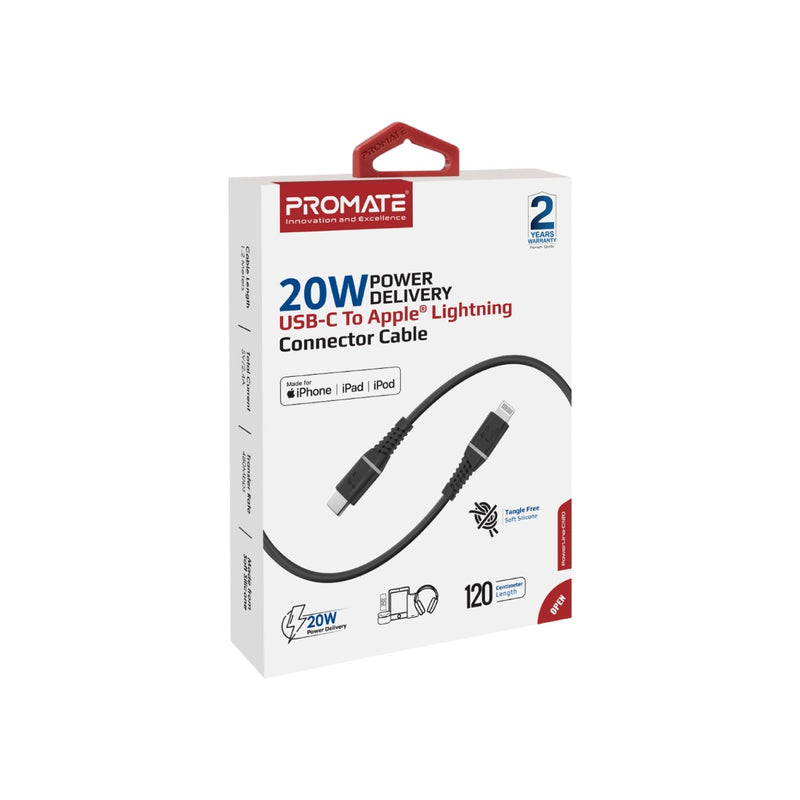 Promate - PowerLine-Ci120,20W Power Delivery USB-C To Apple® Lightning Connector Cable,BLACK